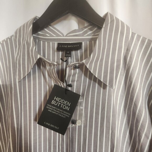 Lane Bryant NWT Wide Pinstripe Gray w/ white stripes cotton long tunic w/ bow - Picture 2 of 10